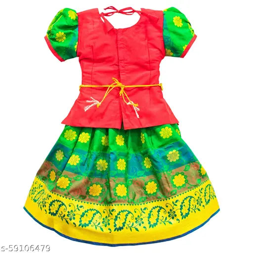 Chanderi silk Neela pattu Lehenga Choli with waist belt for kids, applique embellished design, high-quality traditional Indian dress for girls aged 6-8 years