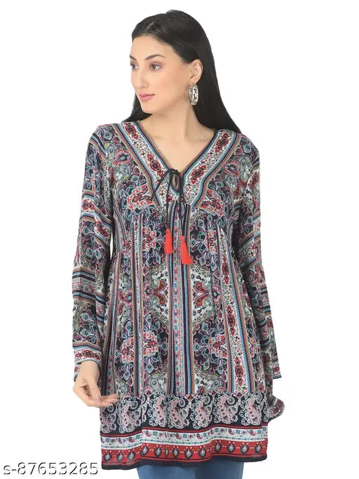 Veldress blue rayon v-neck top with printed pattern, long sleeves