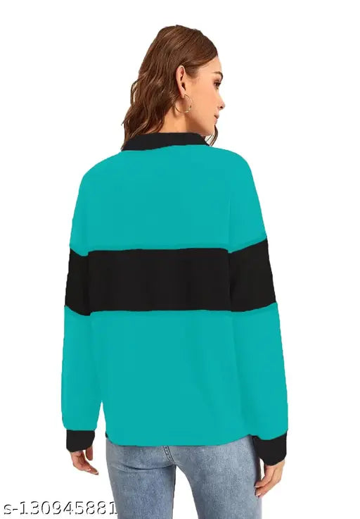 Turquoise Blue-Black cotton t-shirt, long sleeves, colorblocked design, women's full sleeve shirt from India