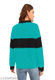 Turquoise Blue-Black cotton t-shirt, long sleeves, colorblocked design, women's full sleeve shirt from India