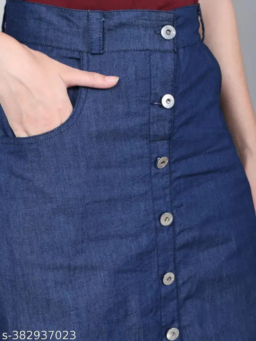 Blue denim women's long casual Western-style skirt, all seasons, size 26-44. Classic blue ankle-length A-line skirt for comfort and style