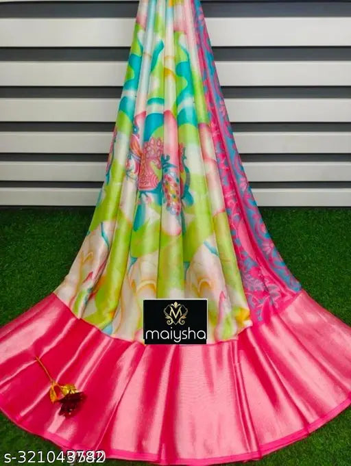 Dusty print Brasso Moss Chiffon saree, soft and smooth Indian summer collection with contrast border and peacock pallu