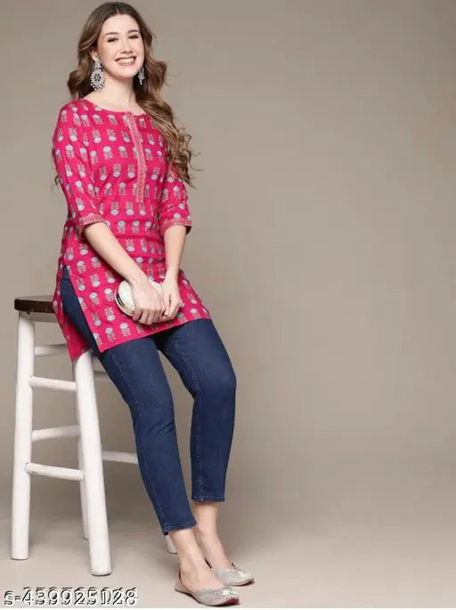 Premium rayon printed short kurtis for women and girls in three-quarter sleeves, Indian fashion clothing on mannequin
