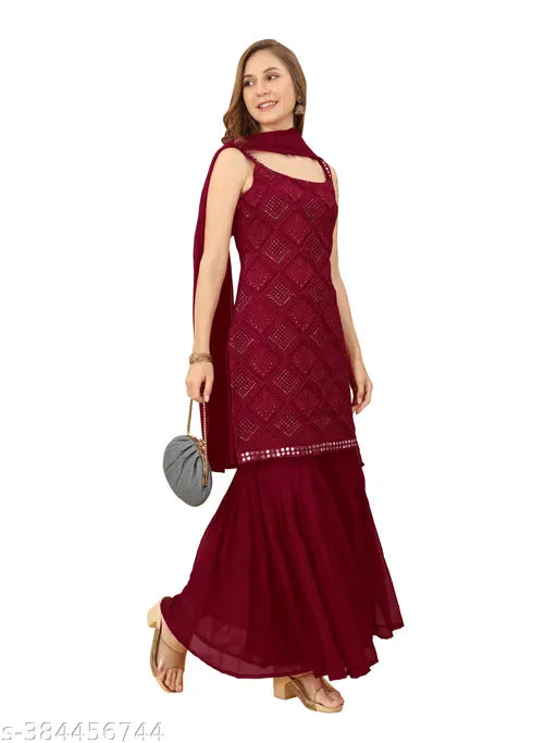 Georgette Kurta Sharara Set, divine dupatta duo with embroidered patterns, pack of 3 in sizes XS, S, M. Three-quarter sleeve Indian women's outfit on display stand