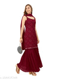 Georgette Kurta Sharara Set, divine dupatta duo with embroidered patterns, pack of 3 in sizes XS, S, M. Three-quarter sleeve Indian women's outfit on display stand