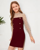 Maroon cotton blend round neck dress for girls, solid pattern, long sleeves, sizes 3-4 to 13-14 years, Indian origin