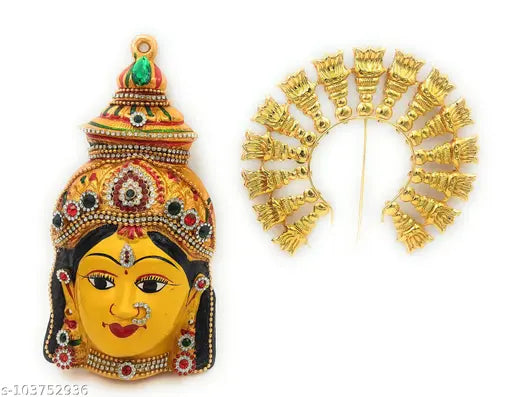 Golden brass Varalakshmi devi idol, 8-inch Varamahalakshmi with Amman face and golden arch, Indian god statue on altar