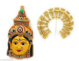 Golden brass Varalakshmi devi idol, 8-inch Varamahalakshmi with Amman face and golden arch, Indian god statue on altar