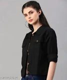 Women's long sleeves black denim jacket, durable and solid pattern for layered style