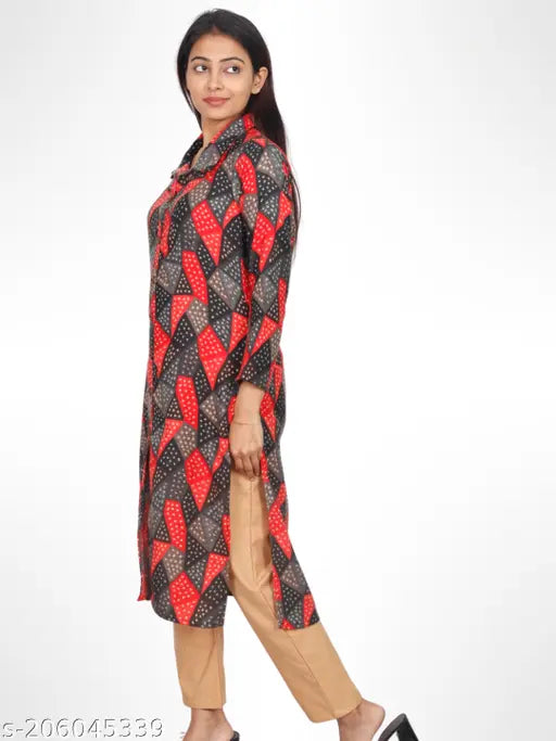 Plus size printed woolen kurta/Kurti with three-quarter sleeves, ideal for winter, India origin