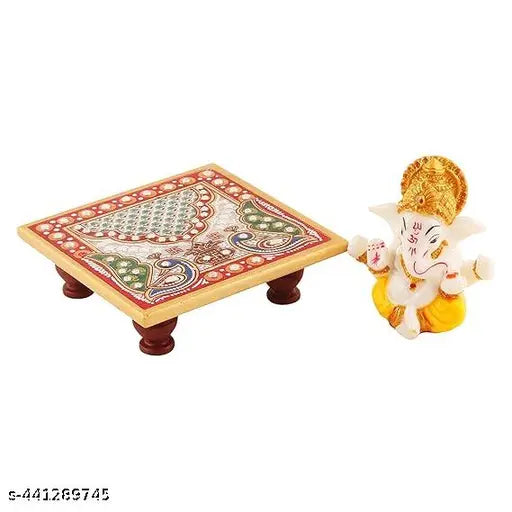 Marble Ganesh Idol with Chowki, intricately crafted resin and marble, 10"x9.5"x2.5", divine collectors item, India origin