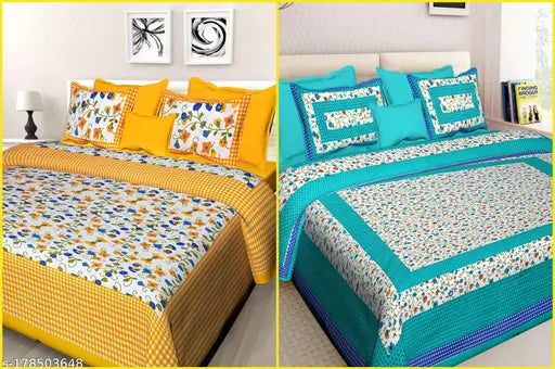 Pure cotton floral Jaipuri double combo bedsheet with 4 pillow covers, ideal for summer, adult use