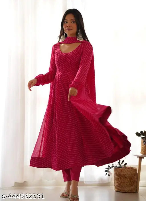 Diwali Designer Pink Leheriya Gown (Georgette, Embroidered Net, Long Sleeves), Indian-origin festive wear for women with detailed embroidery and matching dupatta