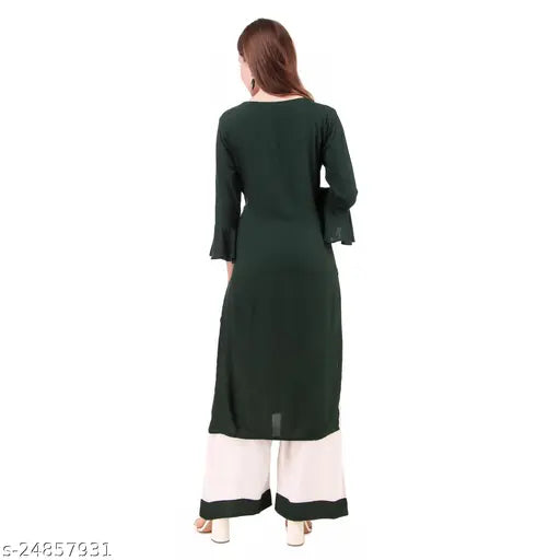 Rayon kurta set with palazzos, embroidered net design, three-quarter sleeves, available in M, L, XL, XXL sizes. Indian women's fashion