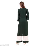 Rayon kurta set with palazzos, embroidered net design, three-quarter sleeves, available in M, L, XL, XXL sizes. Indian women's fashion