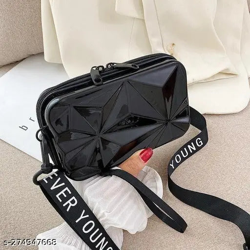 Black acrylic diamond-cut cross body bag, solid pattern with three compartments, free size handbag from India