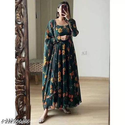 Green printed full-sleeve anarkali gown with dupatta, Georgette fabric, perfect for summer outings
