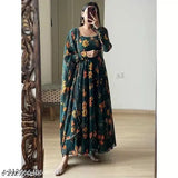 Green printed full-sleeve anarkali gown with dupatta, Georgette fabric, perfect for summer outings