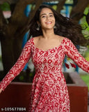 Ikkat printed Georgette gown-style kurta, long sleeves, digital print, heavy American crpe full lining. Exclusive designer one-piece gown, beautiful nack-line, dori sleeve style. Perfect for every shape and size. Made in India