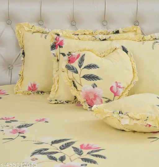 Multicolor floral cotton king-size bedsheet set with decorative frills & heart-shaped cushions (LCF)