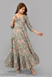 Cotton three-quarter sleeve women's anarkali kurta in floral print, trendy embroidered Indian fashion