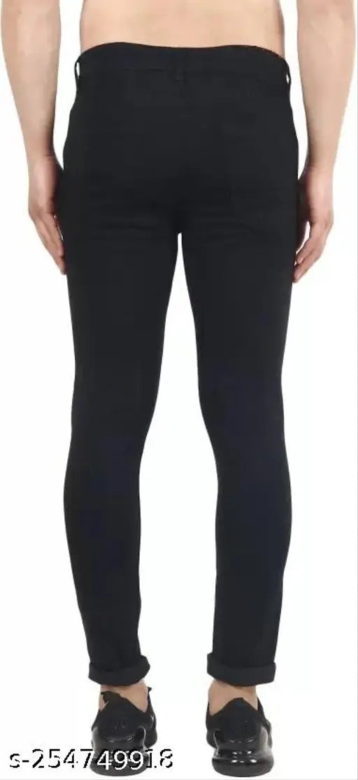 Black denim slim fit knee-cut jeans by VYESH, high-quality Indian-made men's trousers