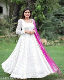 Georgette qcvence embroidered gown with net dupatta, heavy embroidery on Indian-origin duppata, length 2.1 meters, flared sleeves