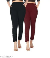 Black cotton lycra trousers, solid-patterned cigar pants for women (set of 2), India origin