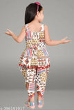 Multicolor printed cotton blend dhoti kurti girls set, self-design A-line top and dhoti pants on display, sizes range from 0-1 years to 7-8 years, Indian origin
