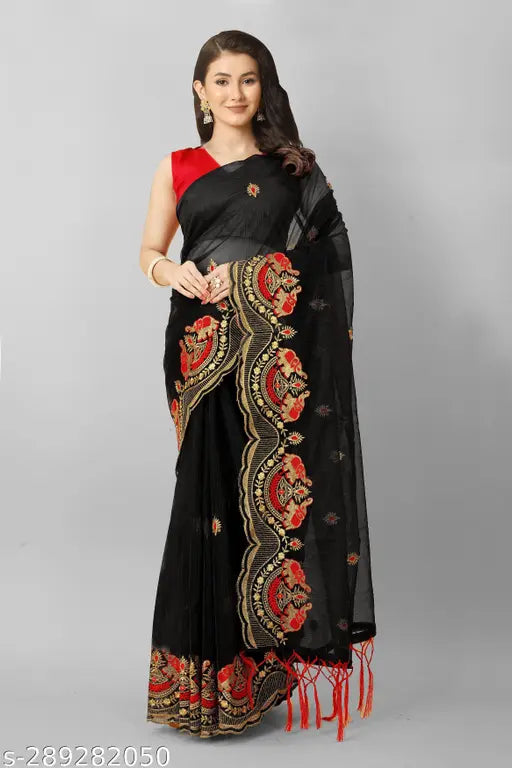 Super net embroidery work saree with dupion silk blouse, intricate multi-thread embroidery on mustard yellow fabric, front and back