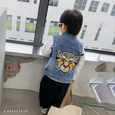 Blue denim sleeveless lion printed jacket for boys, age 3-4 (size 14in), Indian origin