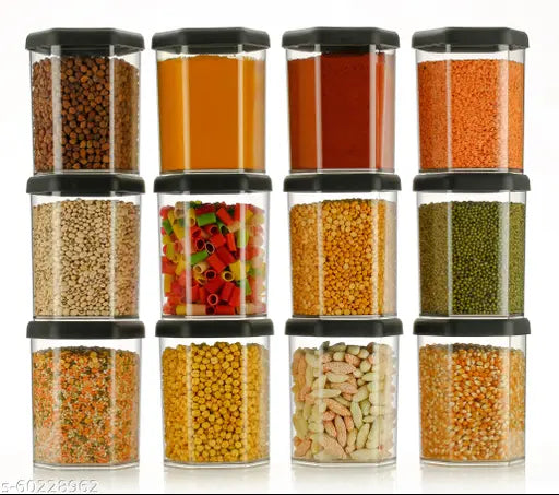 Airtight hexagon plastic container set (1100ml, pack of 12) with black caps for spice storage in the kitchen, ideal for dry foods like beans and masala, BPA-free for a healthy lifestyle