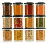 Airtight hexagon plastic container set (1100ml, pack of 12) with black caps for spice storage in the kitchen, ideal for dry foods like beans and masala, BPA-free for a healthy lifestyle