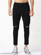 Denim, mid-rise, black trendy kneecut jeans, machine wash, full length, five pockets, India origin