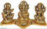Gold-plated Laxmi Ganesh Saraswati idol, 18x7x10 cm decorative showpiece on a table or floor. Indian handicraft religious figurine for home decor and gifting