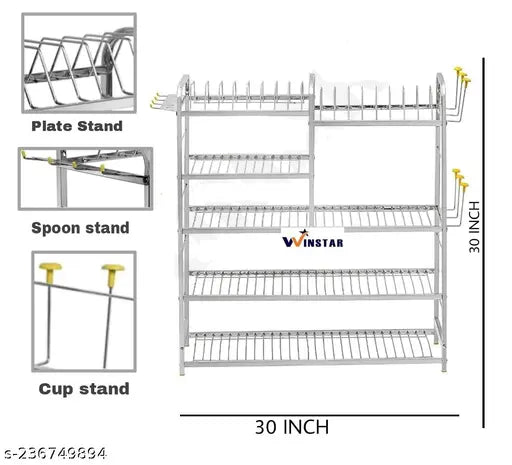 Stainless steel kitchen utensil rack, 31x30 inches, organizes plates, cutlery, and glasses, Indian-made