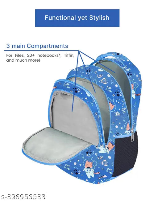 RR Skyblue Cat Stronaut 26L polyester school backpack for Class 1 to 8, free size