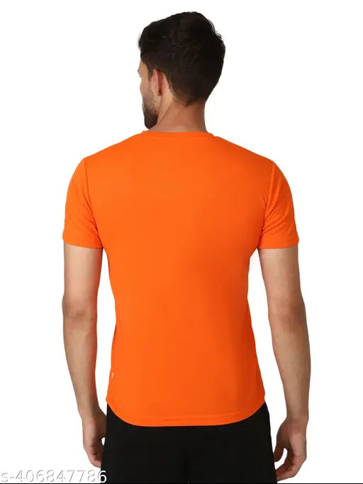 Mens orange polyester half sleeve t-shirt, casual party wear in regular fit and solid design
