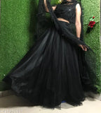 Black jute-silk lehenga set with net dupatta, semi-stitched for women's traditional Indian fashion