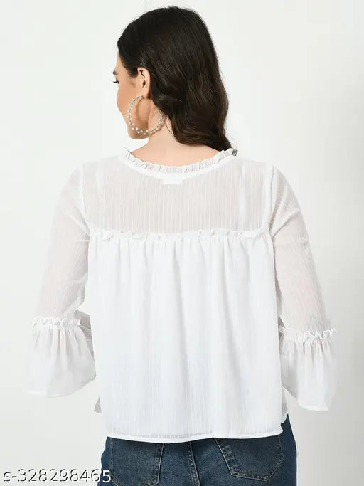 Mustard chiffon three-quarter sleeve women's top, pure cotton, office and casual wear