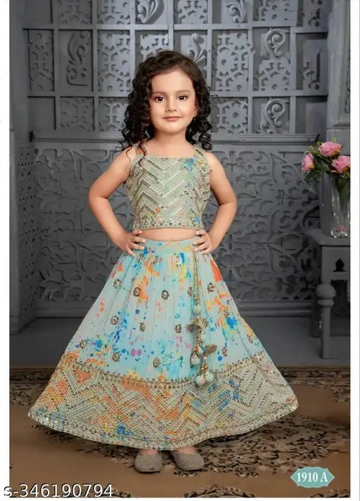 Silk georgette ethnic wear lehenga set for kids, embellished with printed and embroidered patterns, suitable for 3-14 year old girls
