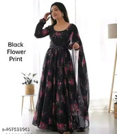 Black printed georgette long-sleeve blouse, net pattern on model