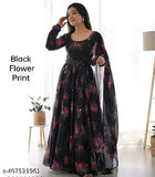 Black printed georgette long-sleeve blouse, net pattern on model