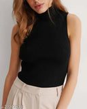 White striped embroidered high neck rib knit crop top, cotton, women's & girls sizes XS-XL