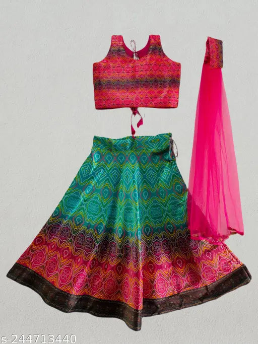 Digital printed, fully stitched Bandhani art silk Lehengha Choli with net dupatta. Vibrant kids' set aged 6-14, sleeveless, side zipper, ready to wear