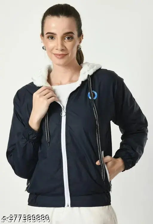 Navy blue polyester printed net long sleeve jacket, new collection style for women's fashion, size M (bust 36in, length 21in)