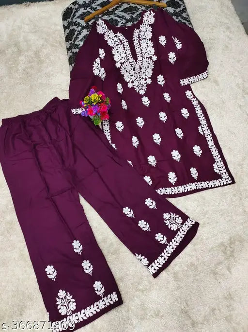 Rayon embroidered kurti with palazzo, three-quarter sleeves, traditional Lucknowi wear in wine color, on mannequin