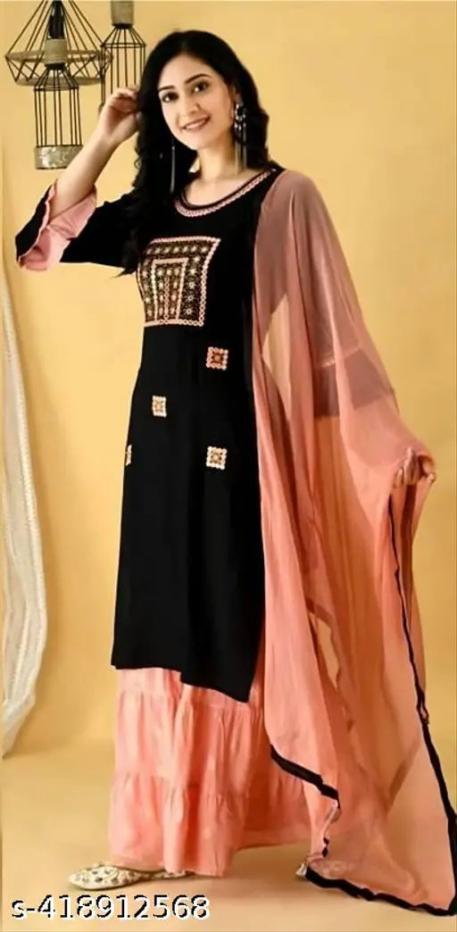 Rayon Alisha Graceful Women Kurta Set with Dupatta and Sharara, embroidered, three-quarter sleeves. Available in M, L, XL, XXL, XXXL, and 4XL sizes. Made in India