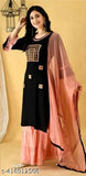 Rayon Alisha Graceful Women Kurta Set with Dupatta and Sharara, embroidered, three-quarter sleeves. Available in M, L, XL, XXL, XXXL, and 4XL sizes. Made in India