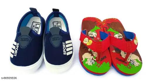 Kids canvas casual shoes & PVC slippers combo for kids age 2-6 years, solid net pattern & elastic back detail on slippers